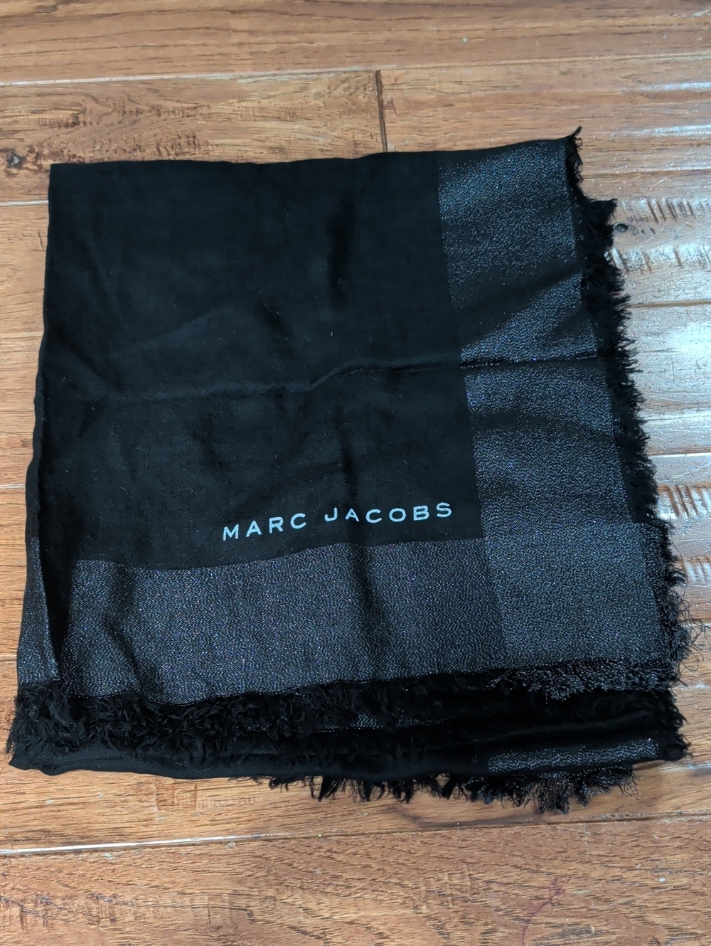 Marc Jacobs Wool Cashmere Black Logo Scarf with Subtle Sheen Edge
